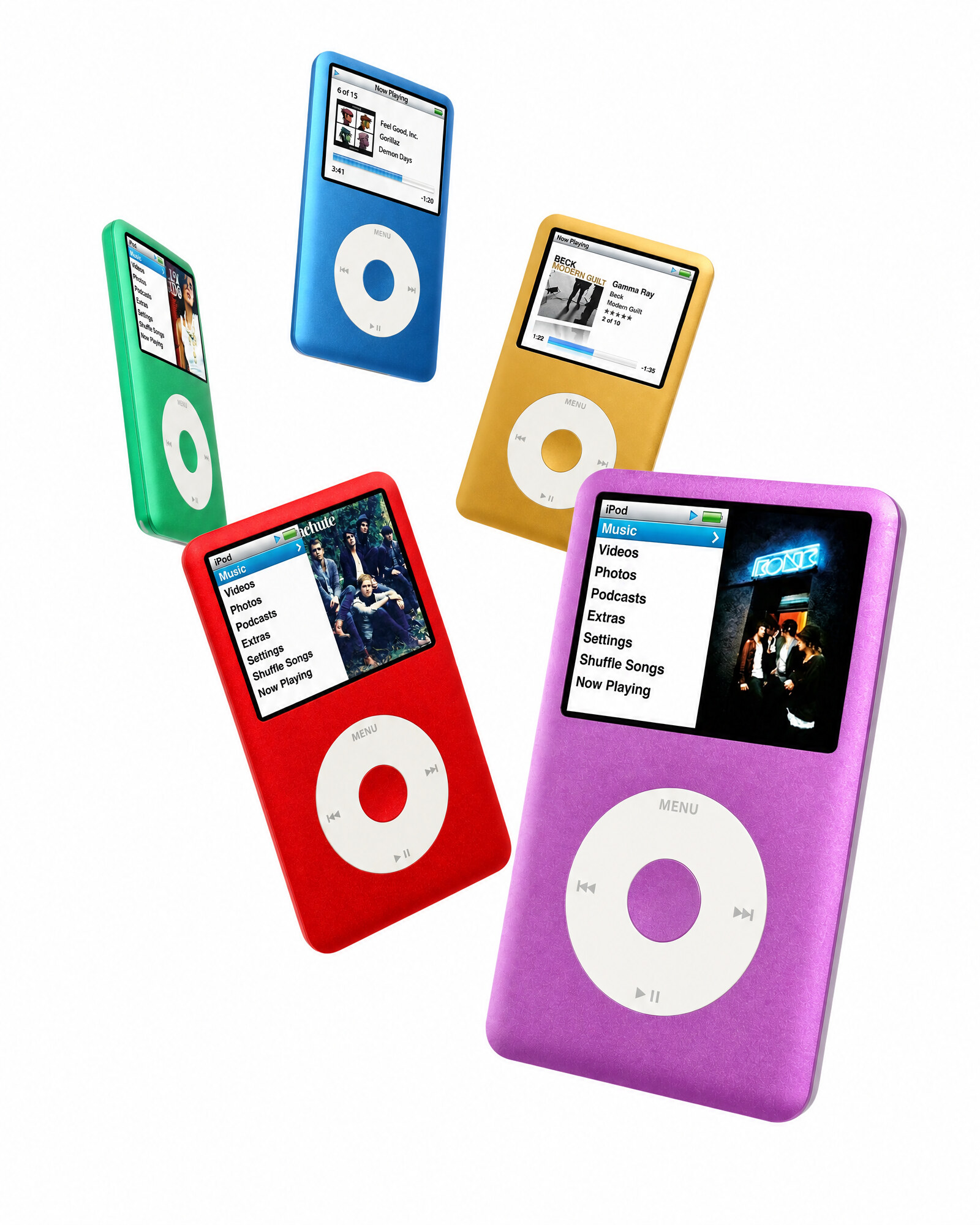 Colorful custom iPod Classics.